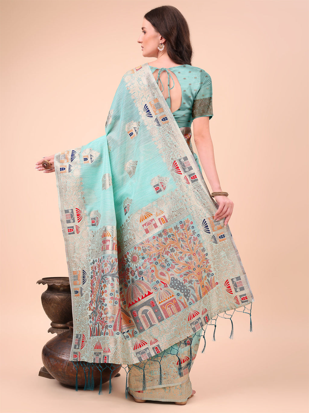 Shree Shyam Fashion Sky Blue Linen Saree with Multicolor Weaving & Zari Pallu - Elegant & Lightweight for Everyday Grace