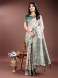 Cream and Green linen cotton saree adorned with intricate motifs and zari pallu