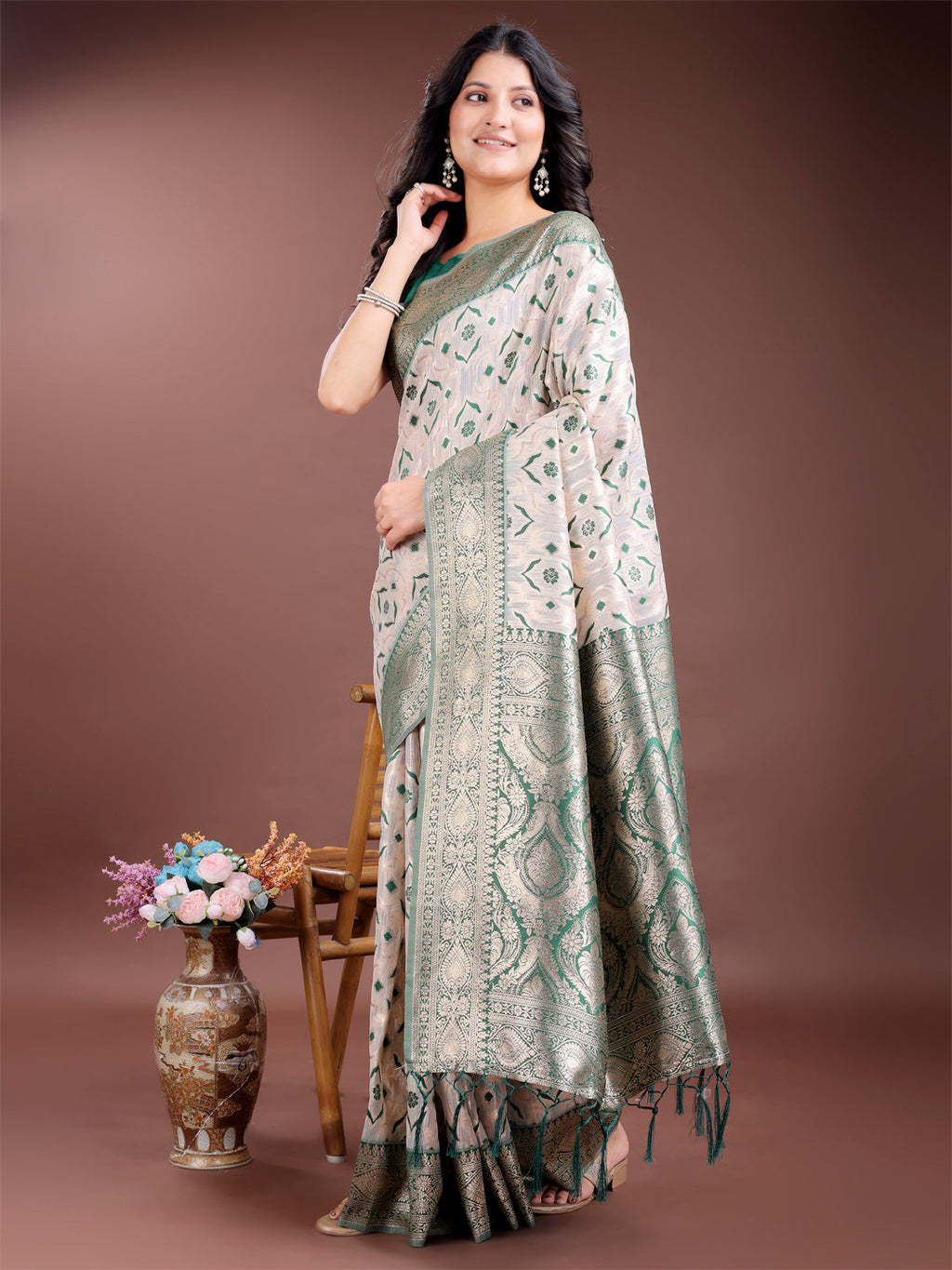 Cream and Green Linen Cotton Saree with Rich Zari Pallu