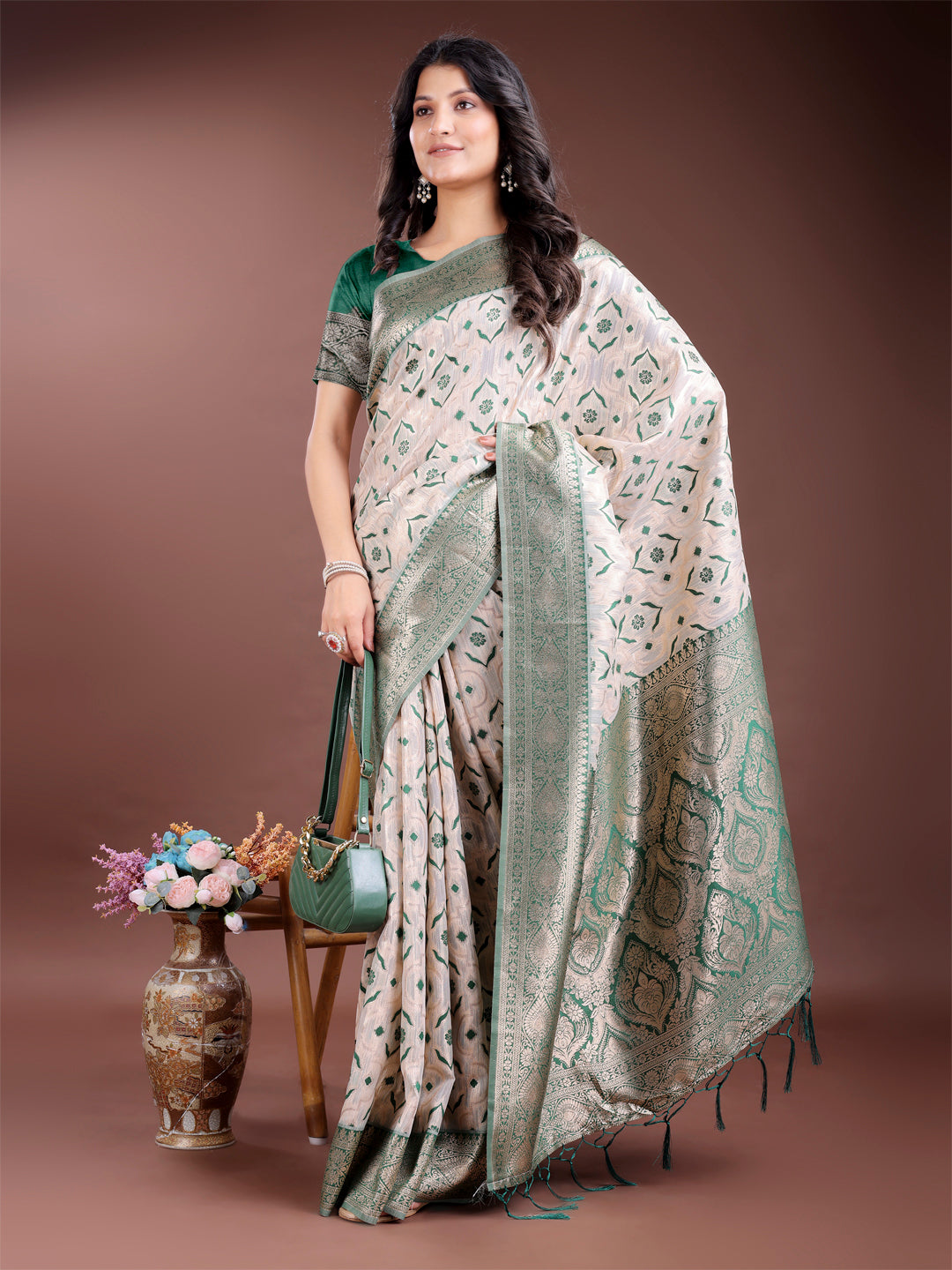 Cream and Green Linen Cotton Saree with Rich Zari Pallu
