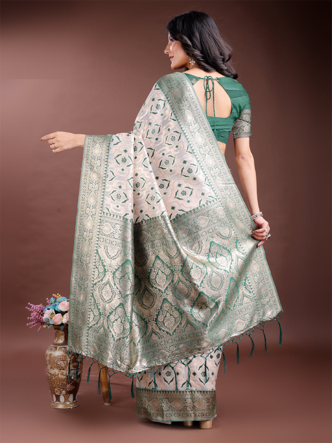 Cream and Green Linen Cotton Saree with Rich Zari Pallu