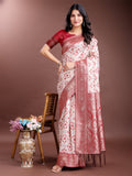Cream and Red linen cotton saree with intricate zari pallu and motifs