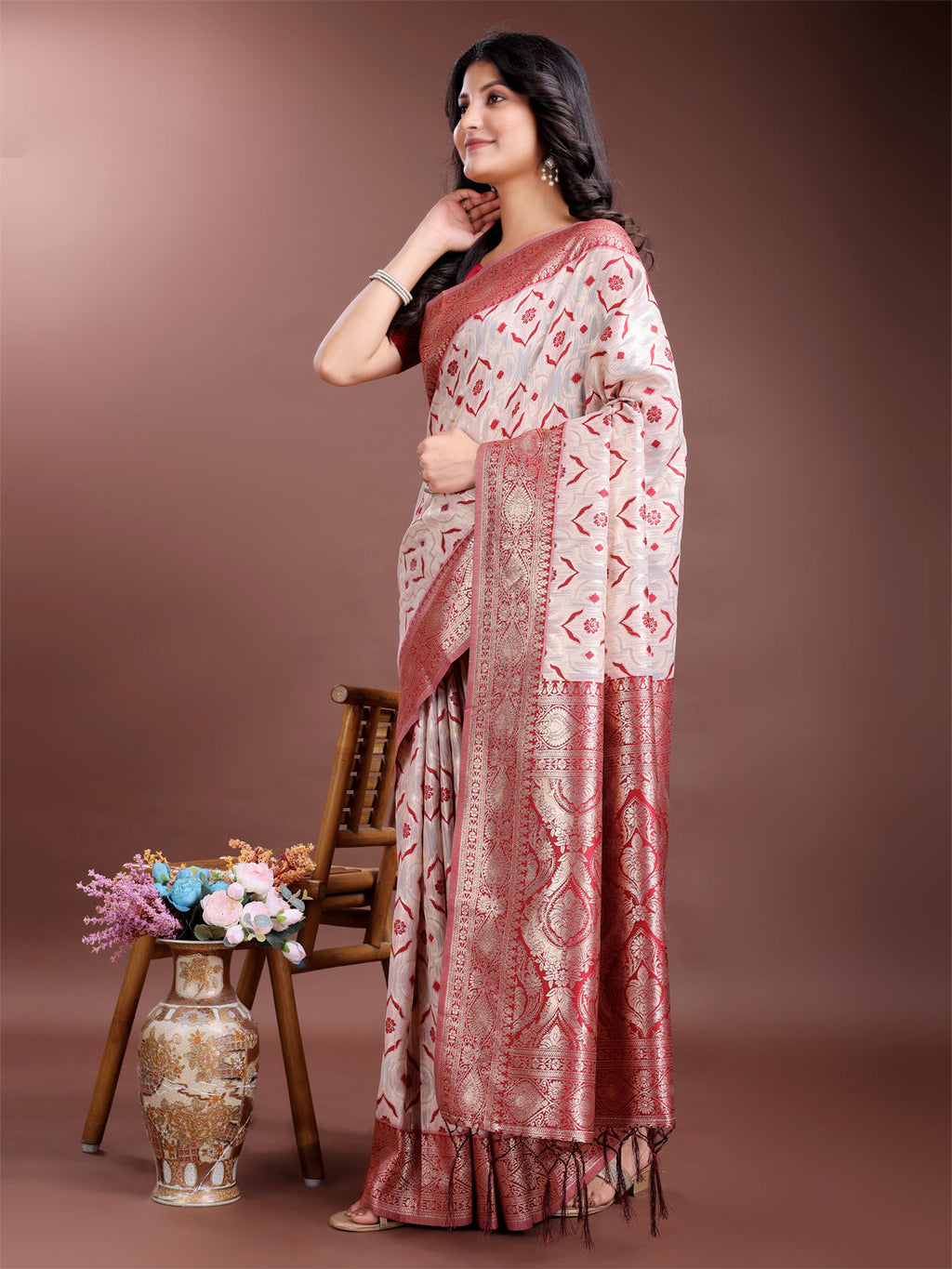 Cream & Red Linen Cotton Saree with Rich Zari Pallu