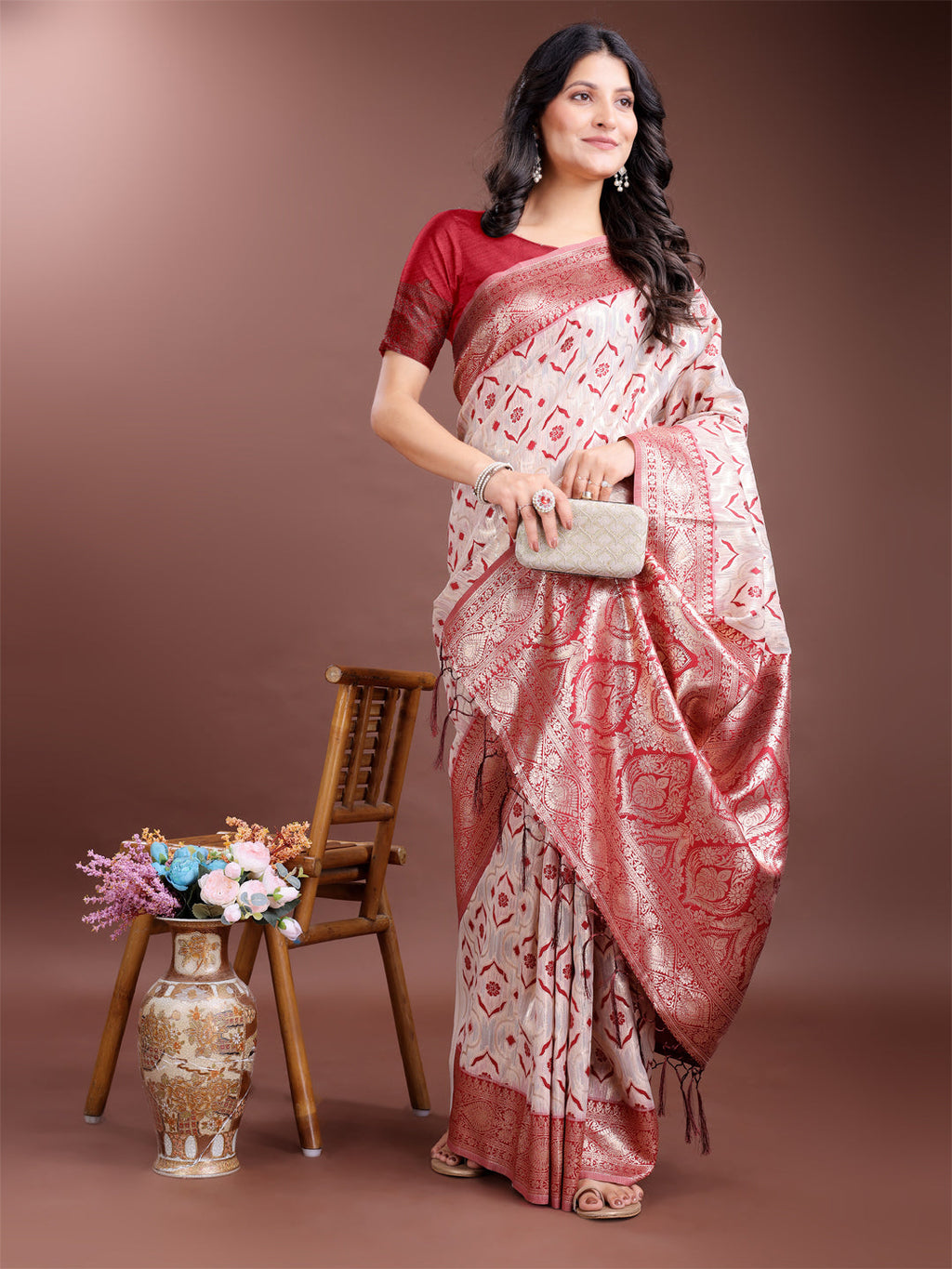 Cream & Red Linen Cotton Saree with Rich Zari Pallu