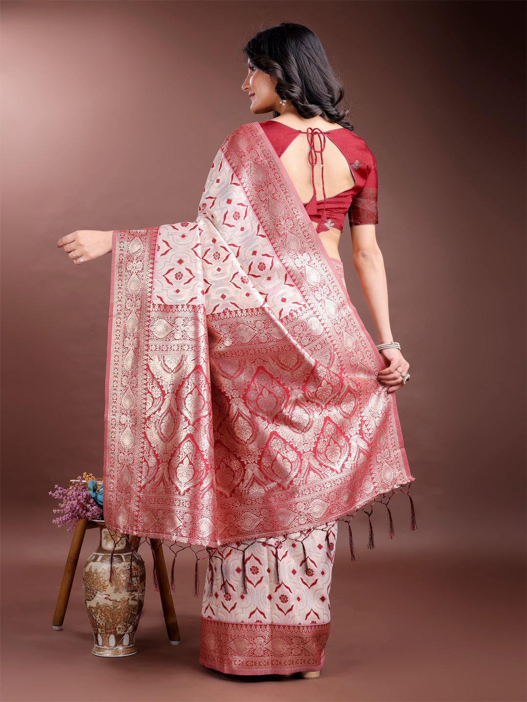 Cream & Red Linen Cotton Saree with Rich Zari Pallu