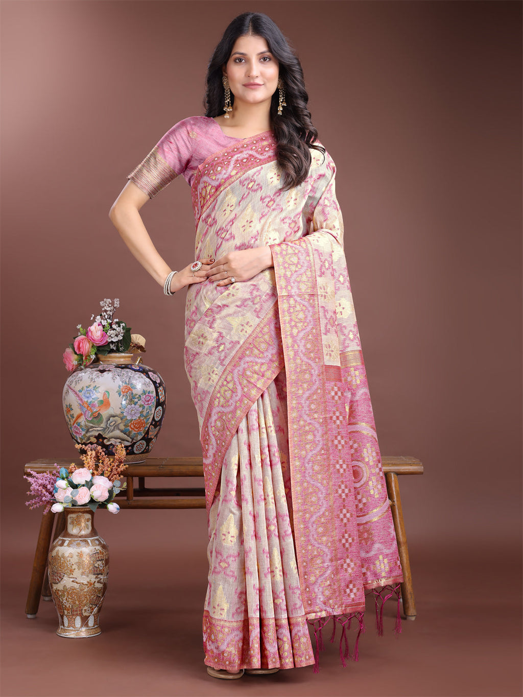 Beige and pink linen cotton saree with intricate woven pallu