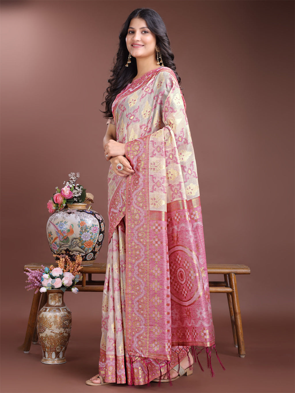 Beige & Pink Linen Cotton Saree with Woven Pattern