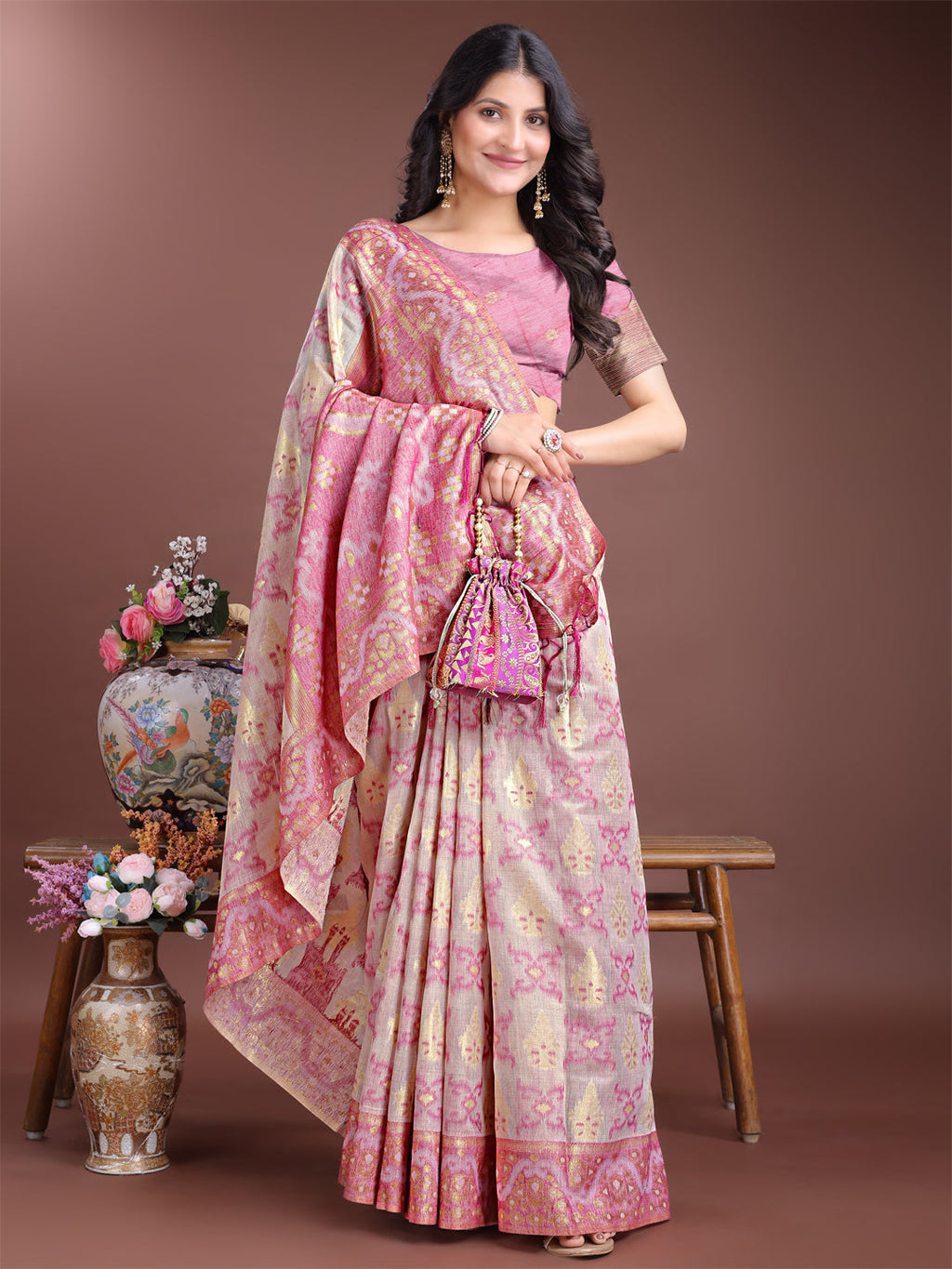Beige & Pink Linen Cotton Saree with Woven Pattern