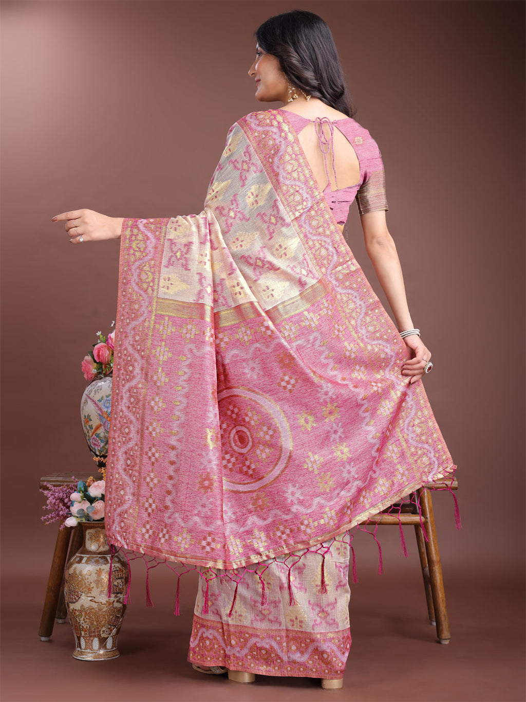 Beige & Pink Linen Cotton Saree with Woven Pattern