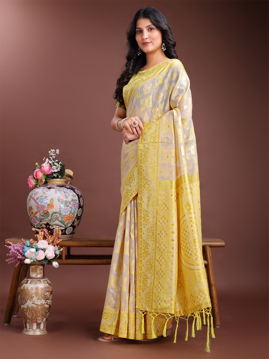 Beige & Yellow Linen Cotton Saree with Woven Patterns