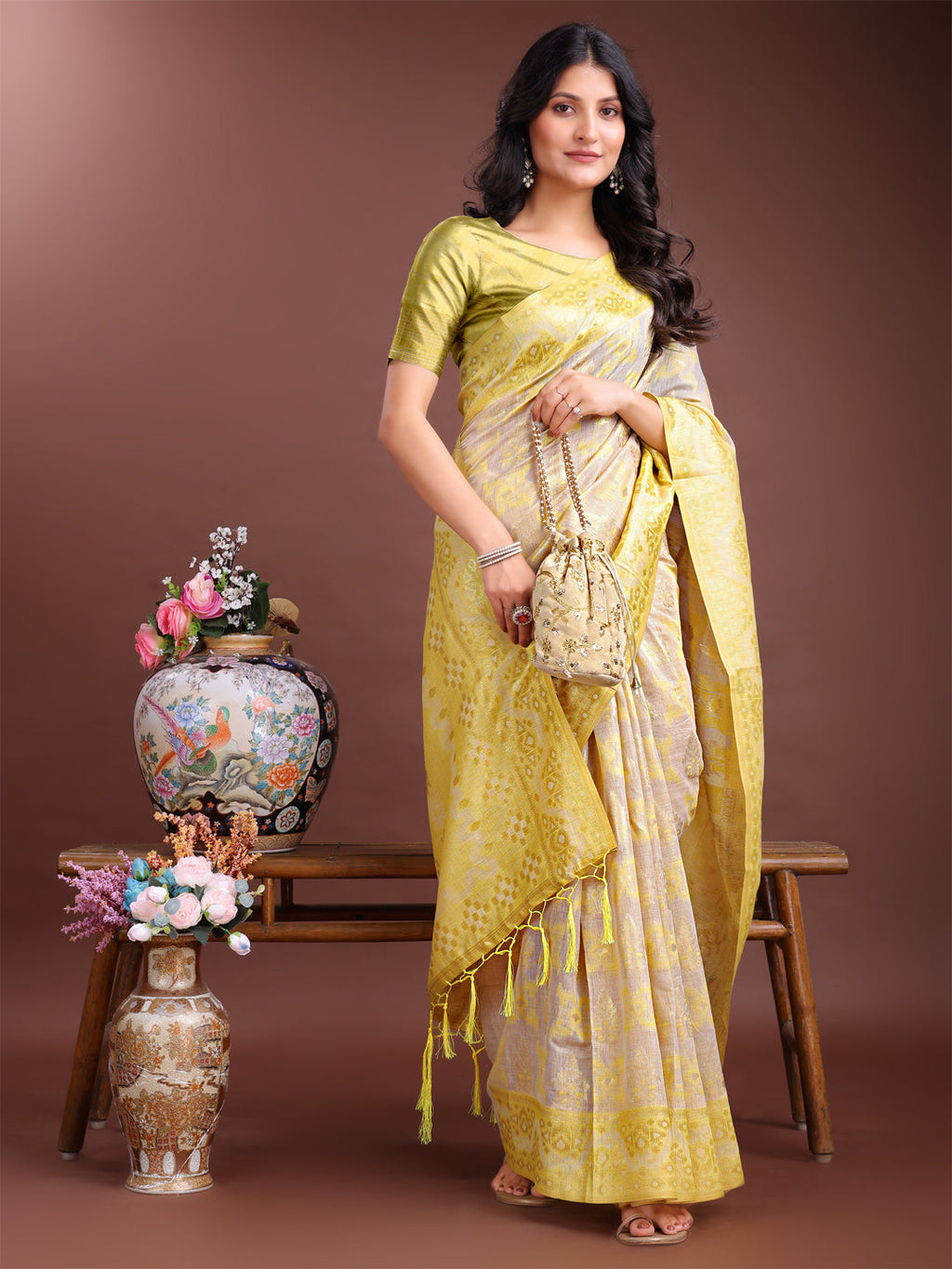 Beige & Yellow Linen Cotton Saree with Woven Patterns