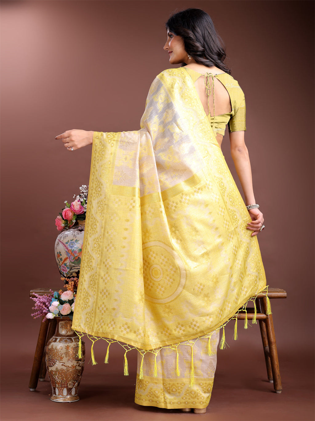 Beige & Yellow Linen Cotton Saree with Woven Patterns