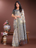 Beige and grey linen cotton saree with intricate woven patterns and grey pallu