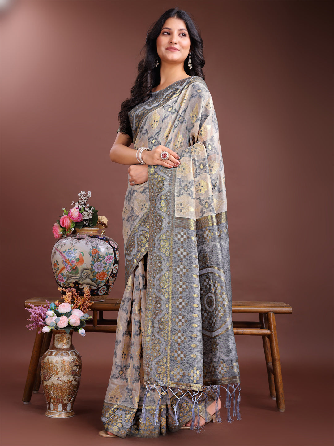 Beige & Grey Linen Cotton Saree with Woven Pattern Pallu