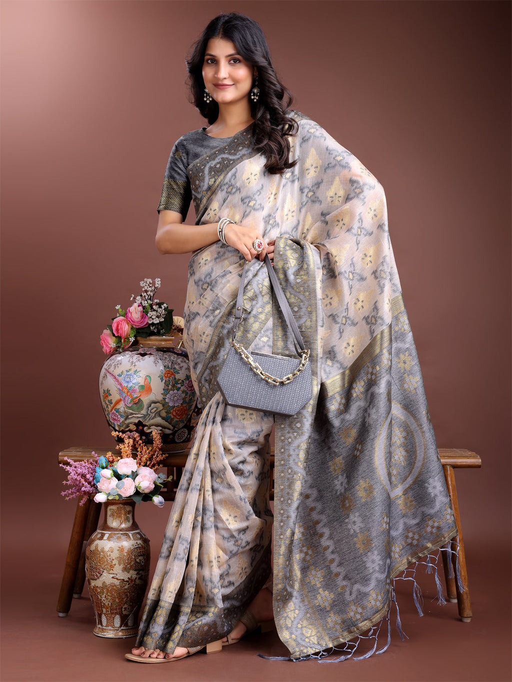 Beige & Grey Linen Cotton Saree with Woven Pattern Pallu