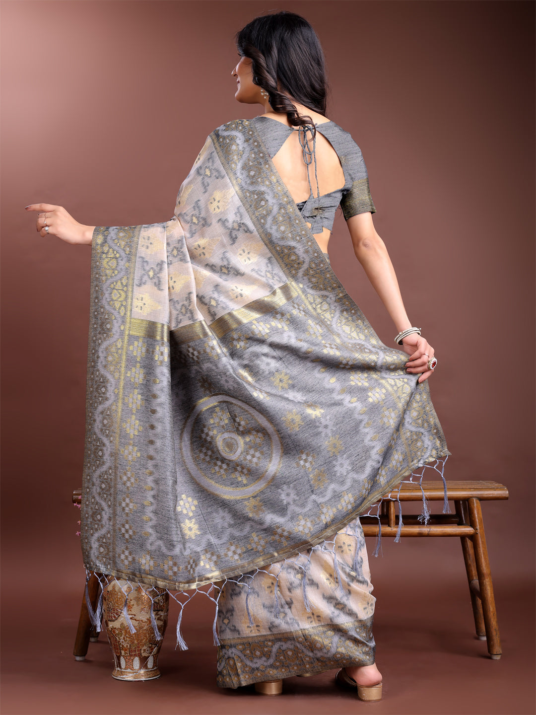Beige & Grey Linen Cotton Saree with Woven Pattern Pallu