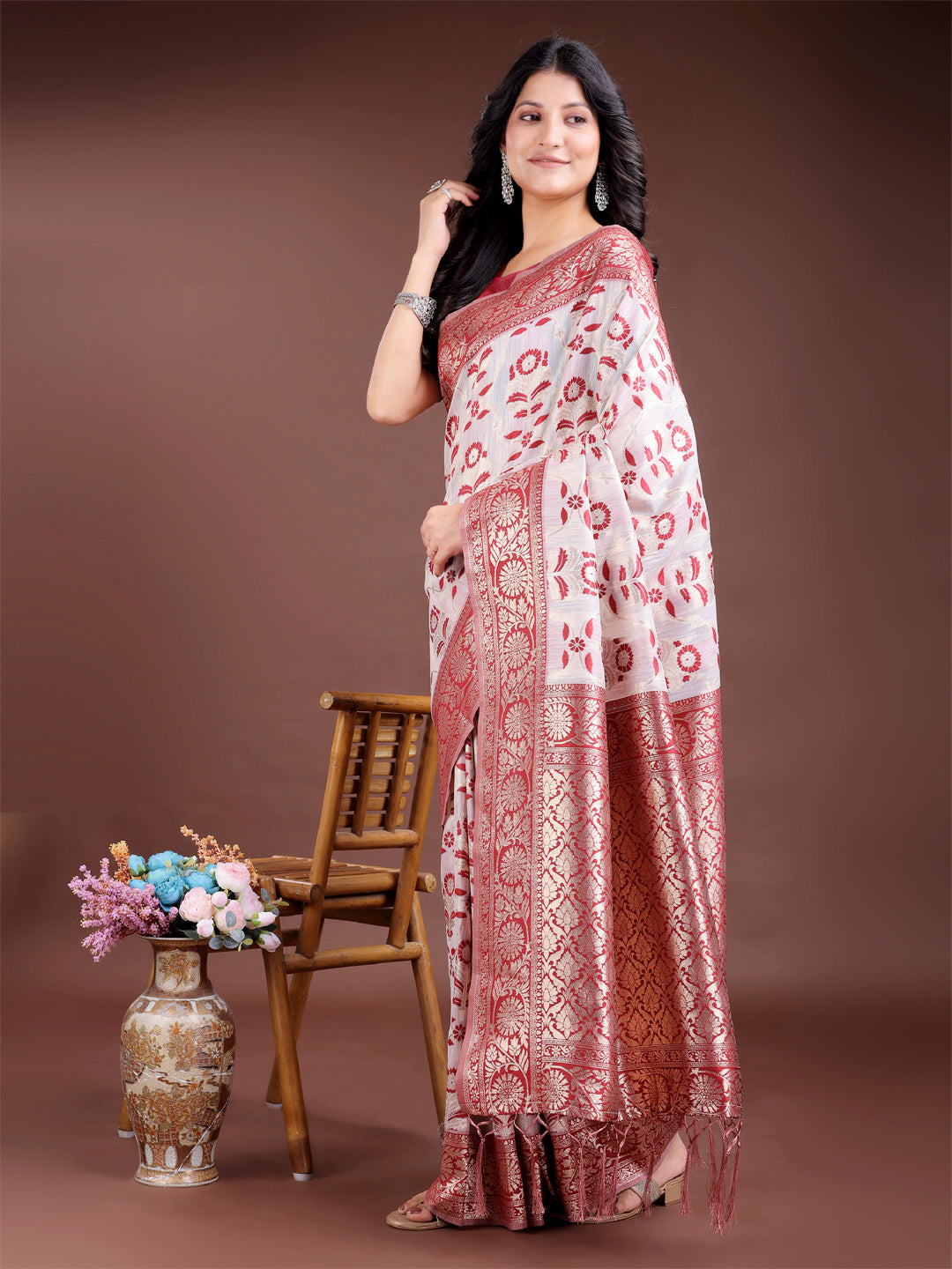 Maroon Linen Cotton Zari Woven Traditional Tassel Saree