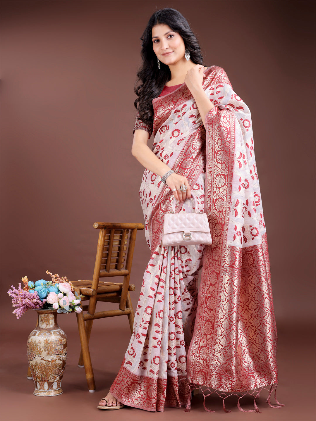 Maroon Linen Cotton Zari Woven Traditional Tassel Saree
