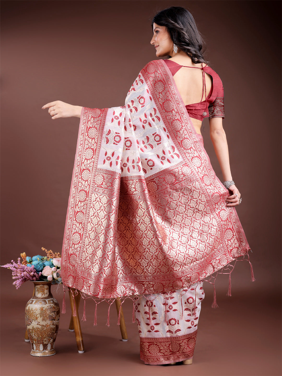 Maroon Linen Cotton Zari Woven Traditional Tassel Saree