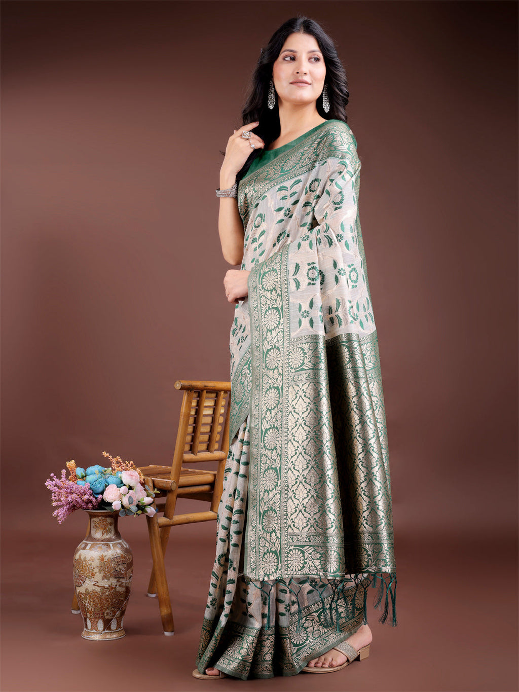 Green Linen Cotton Zari Woven Tassel Saree