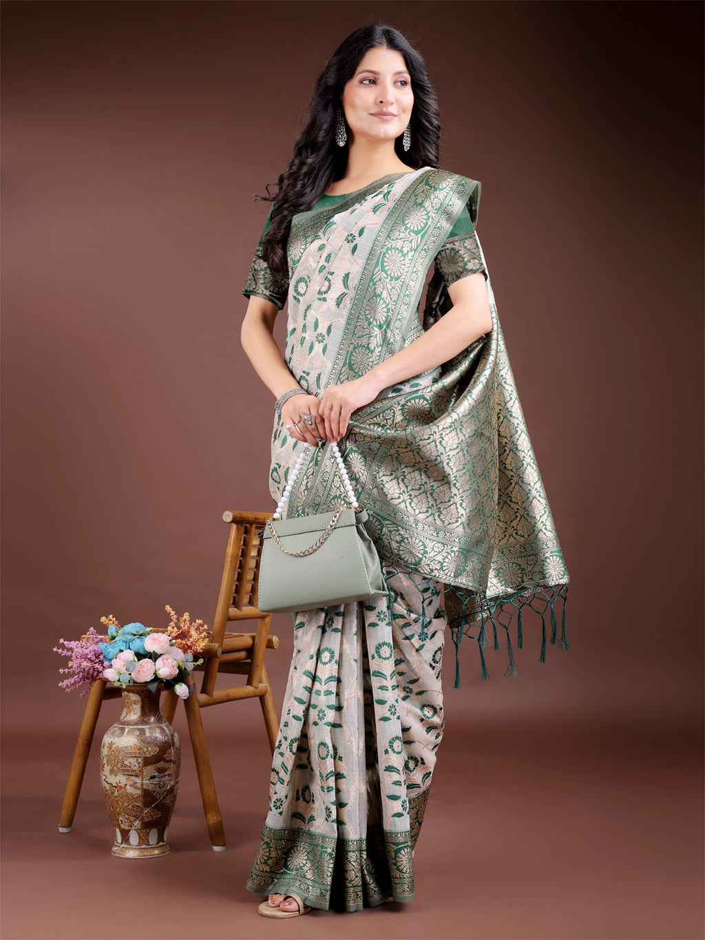 Green Linen Cotton Zari Woven Tassel Saree