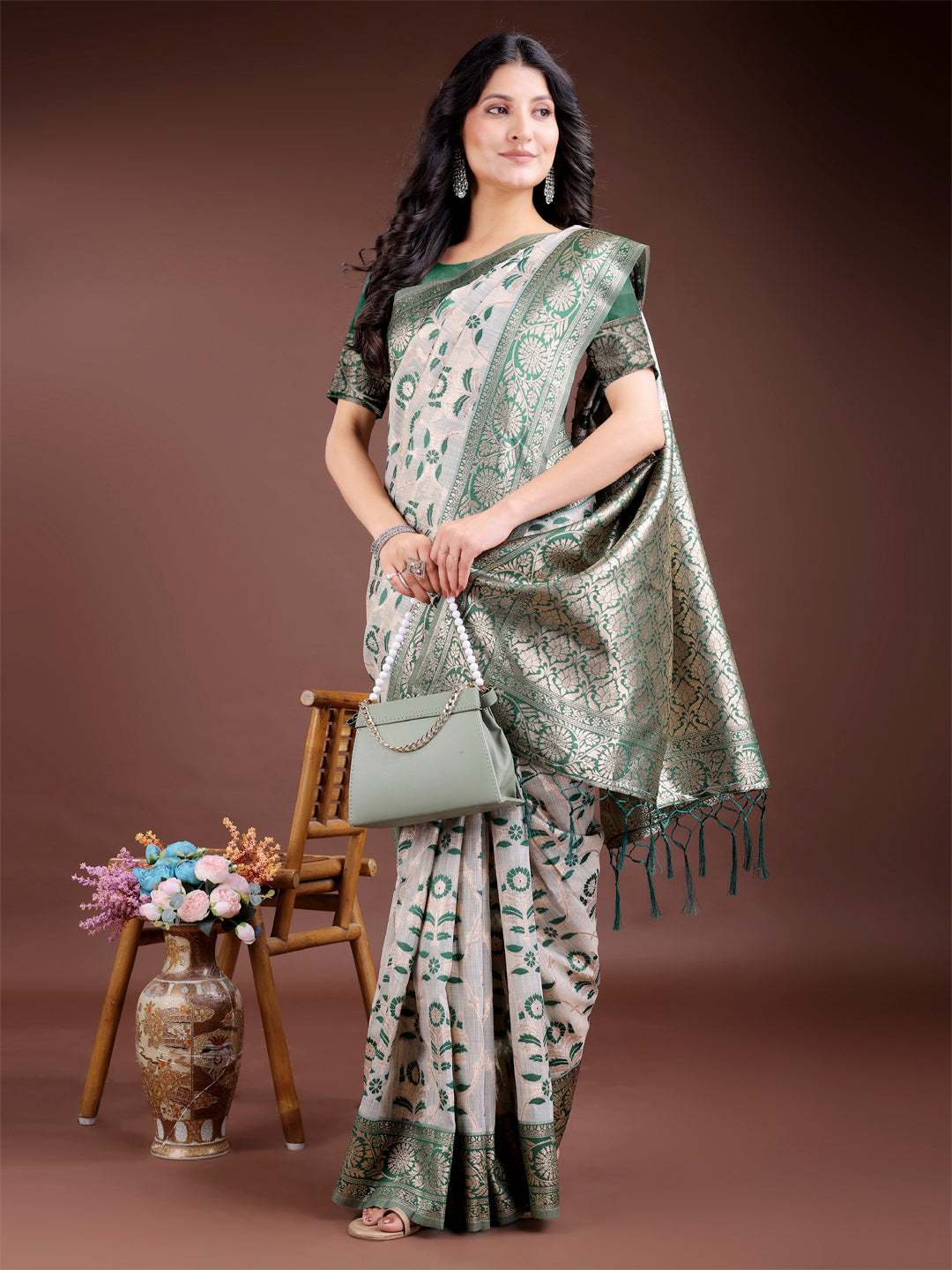 Green Linen Cotton Zari Woven Tassel Saree