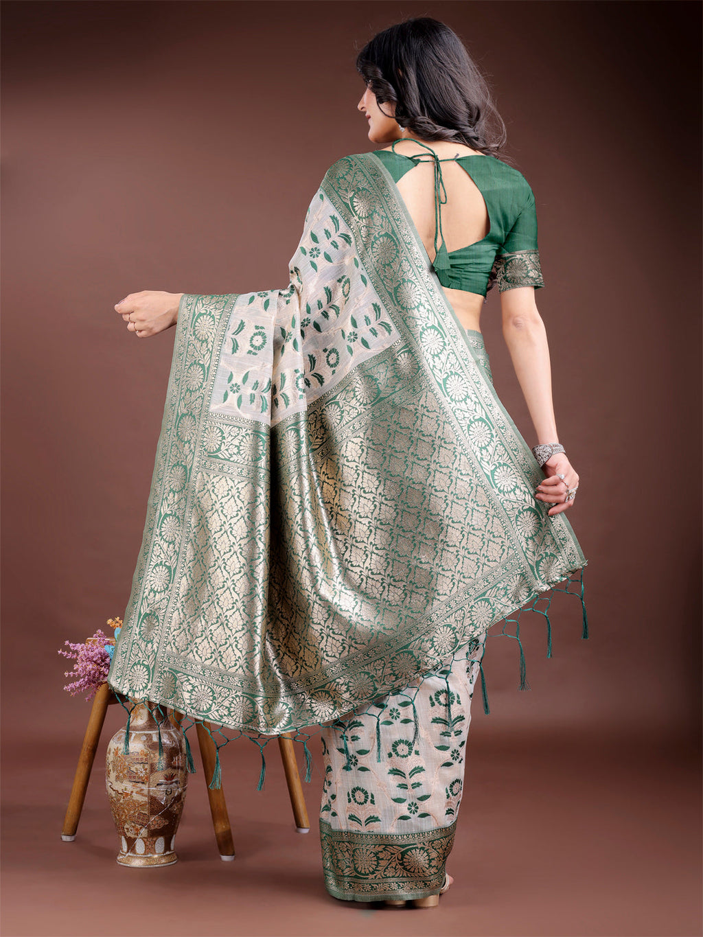 Green Linen Cotton Zari Woven Tassel Saree