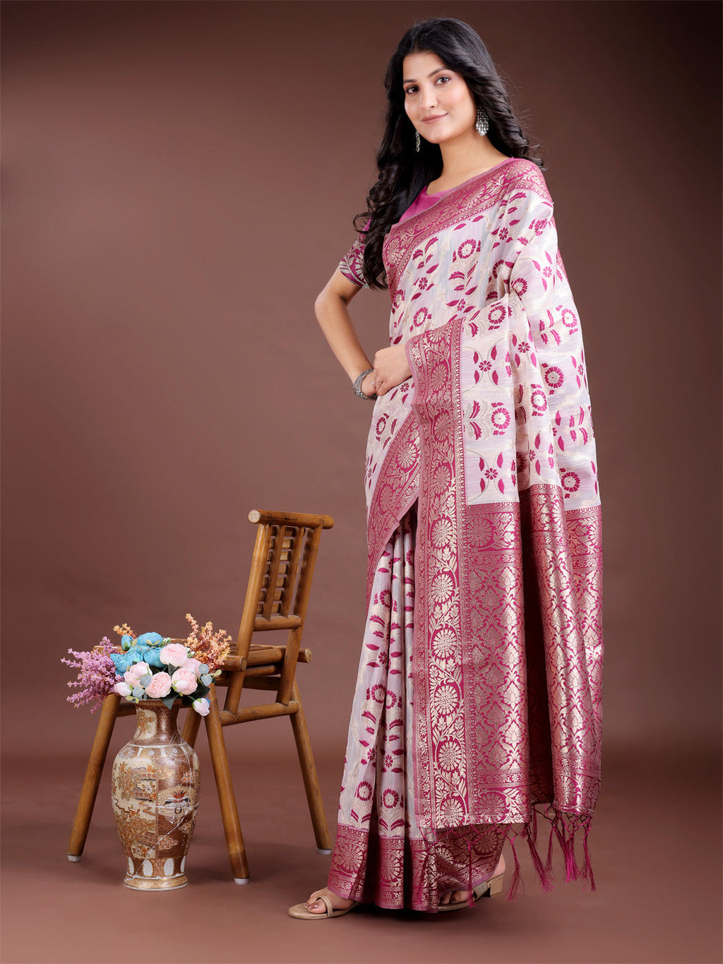 Purple Linen Cotton Saree with Zari Work and Traditional Tassels