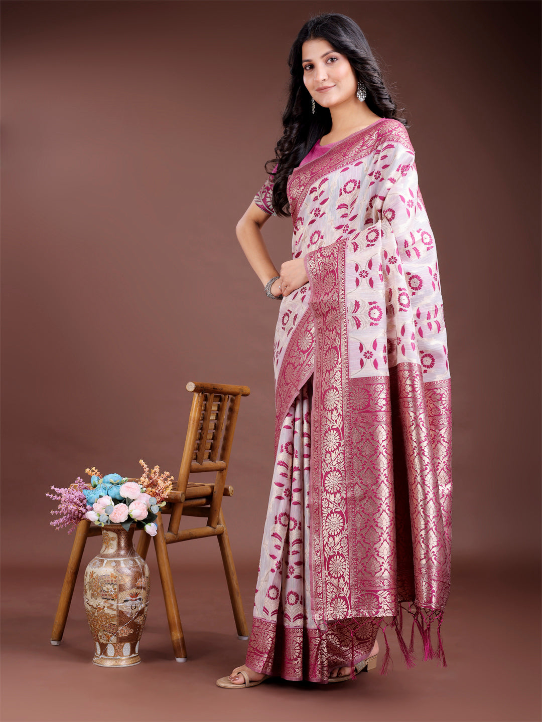 Purple Linen Cotton Saree with Zari Work and Traditional Tassels