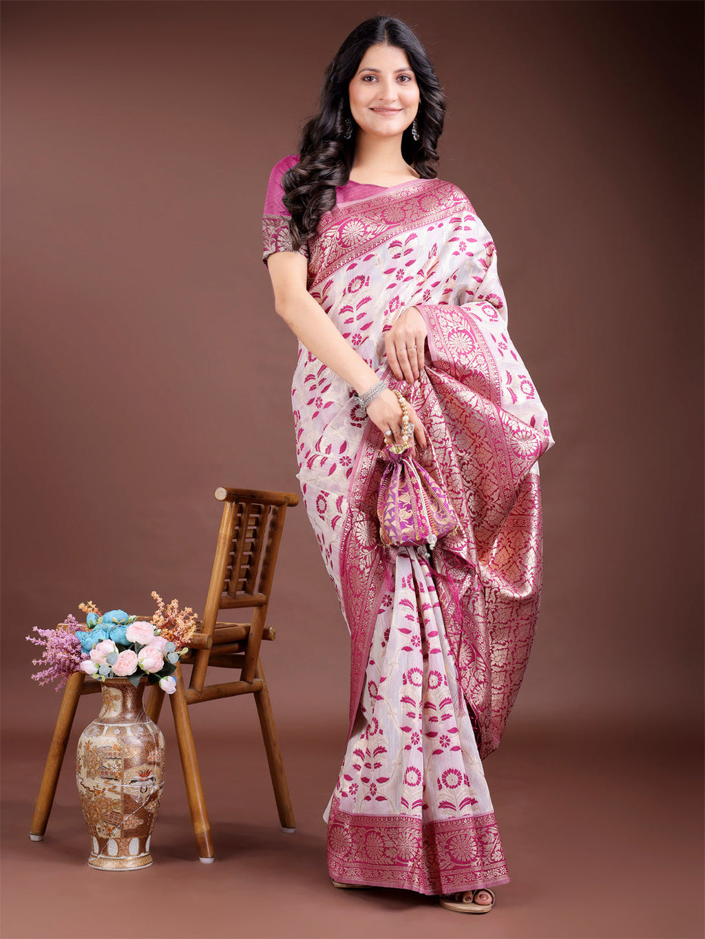 Purple Linen Cotton Saree with Zari Work and Traditional Tassels