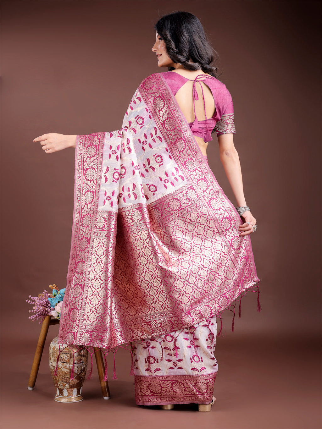 Purple Linen Cotton Saree with Zari Work and Traditional Tassels