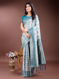 Sea green linen cotton saree with gold zari work and traditional pallu tassels