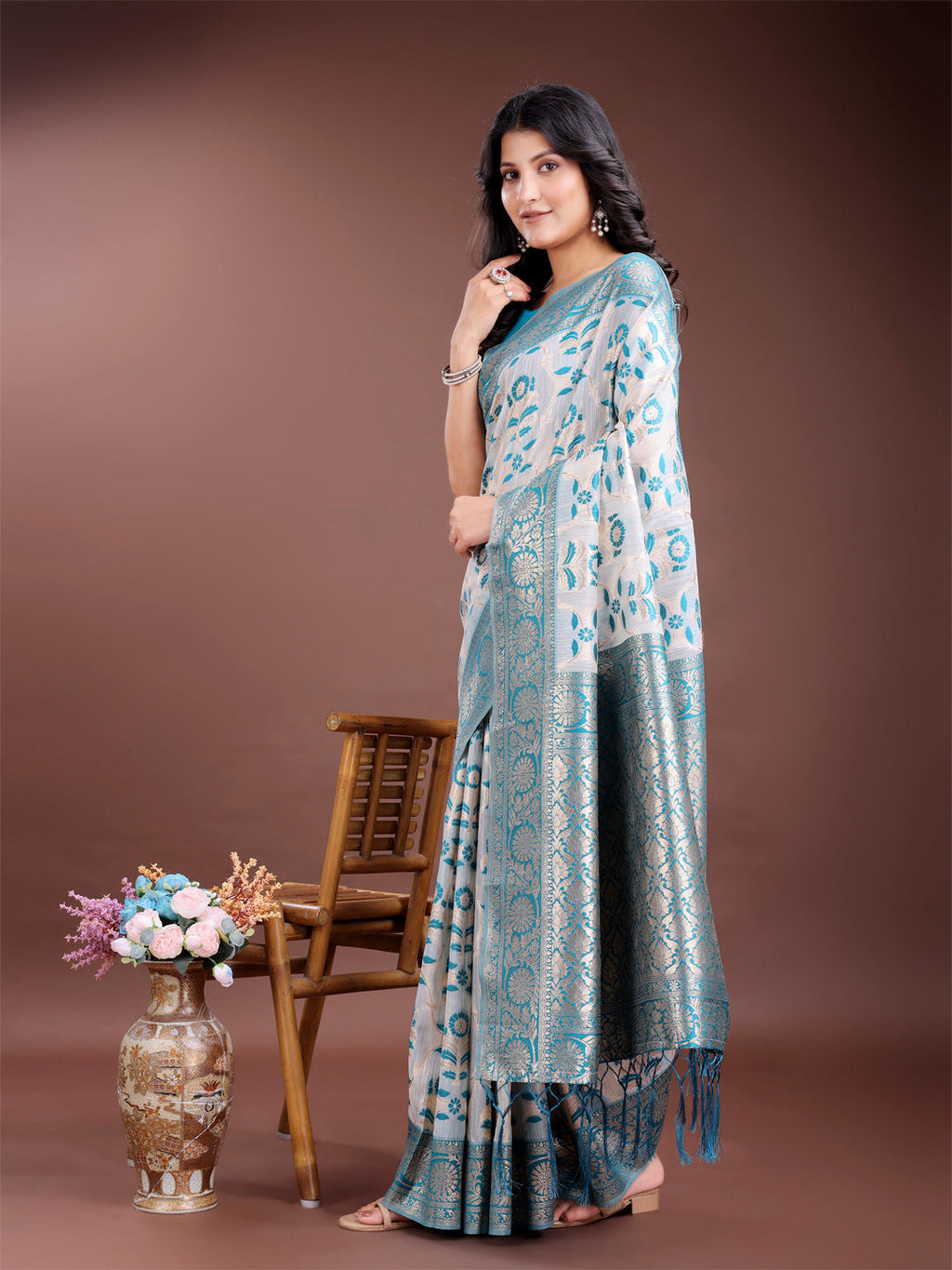 Sea Green Linen Cotton Saree with Traditional Zari Tassels