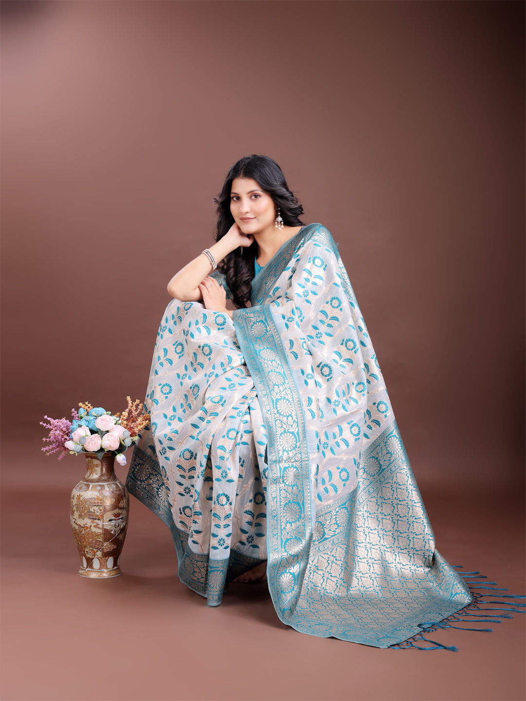 Sea Green Linen Cotton Saree with Traditional Zari Tassels
