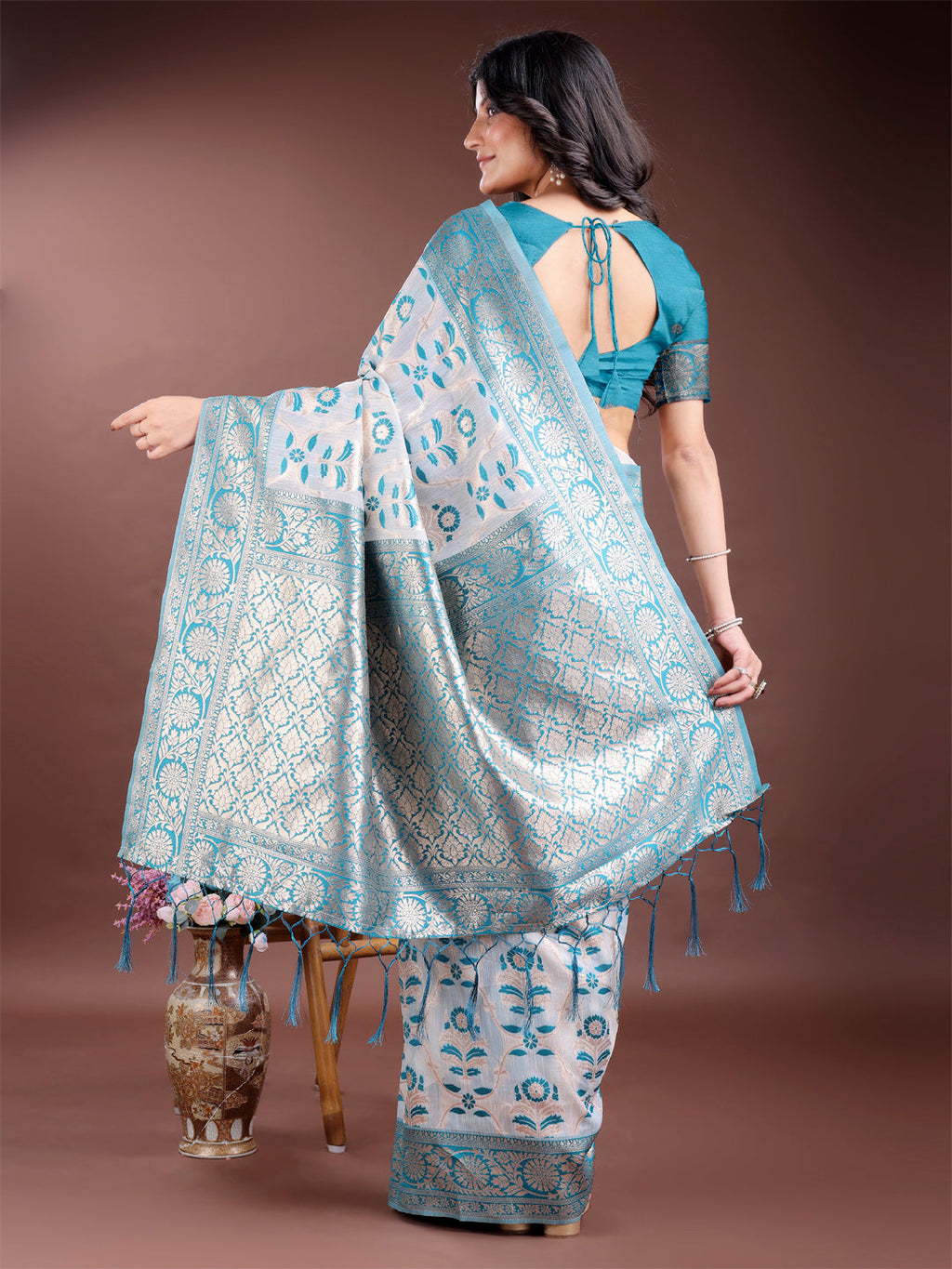 Sea Green Linen Cotton Saree with Traditional Zari Tassels