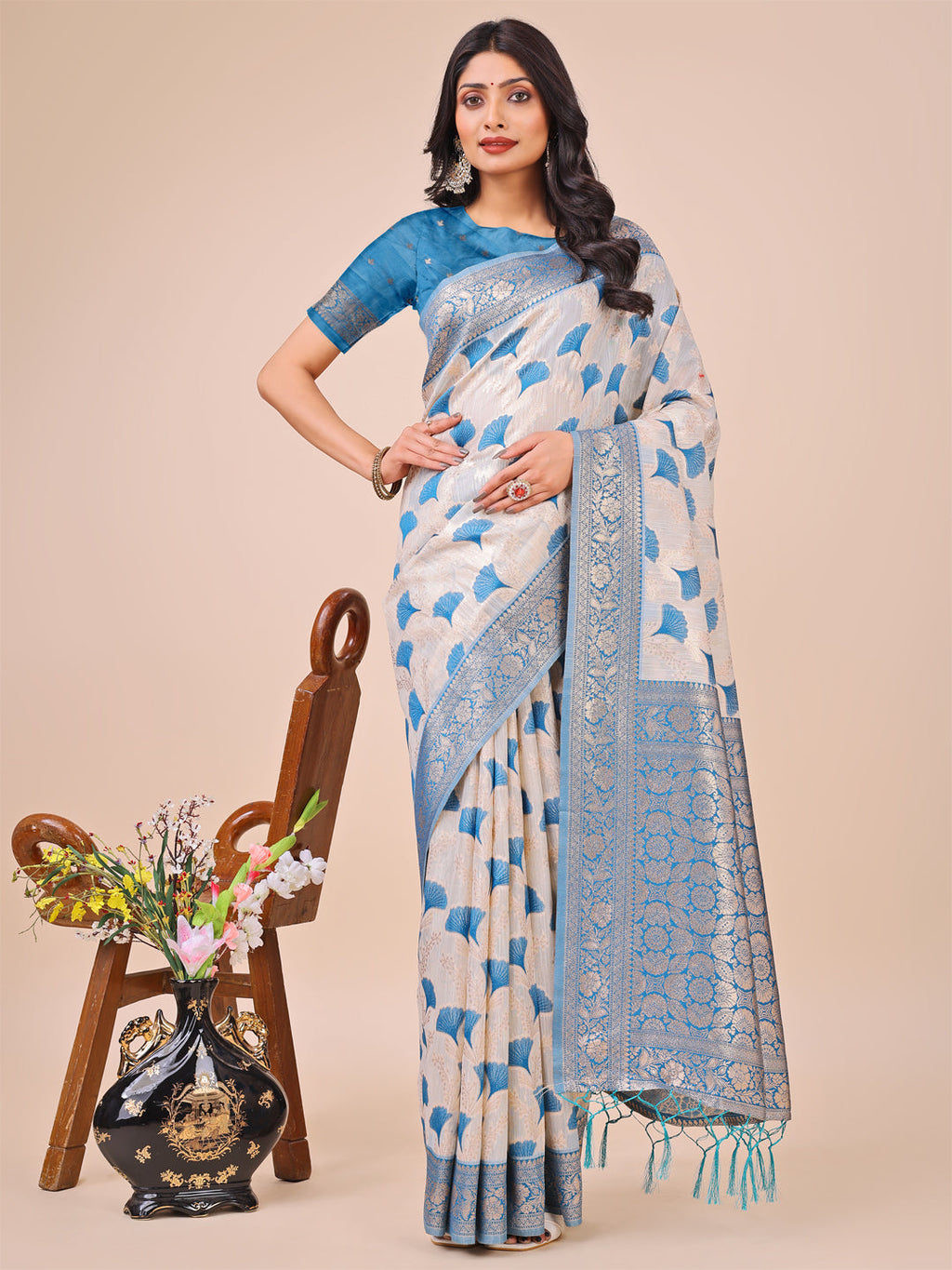 Off-White and Sky Blue linen cotton saree with Zari border and pallu