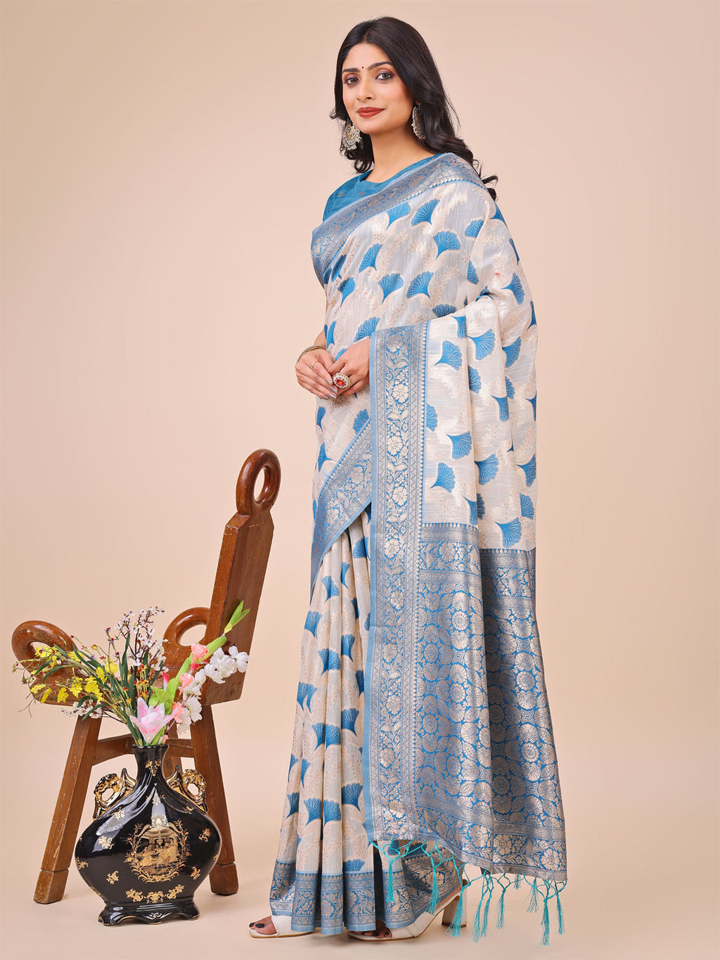 Off-White & Sky Blue Linen Cotton Saree with Zari Border