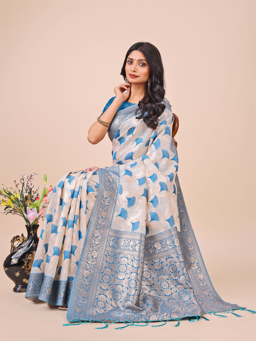 Off-White & Sky Blue Linen Cotton Saree with Zari Border