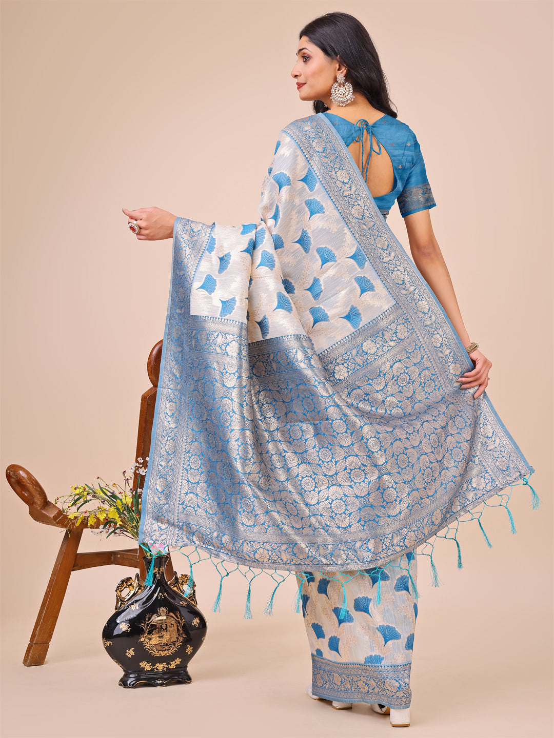 Off-White & Sky Blue Linen Cotton Saree with Zari Border