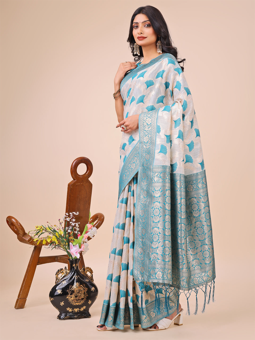Off-White & Teal Linen Cotton Saree with Zari Woven Border