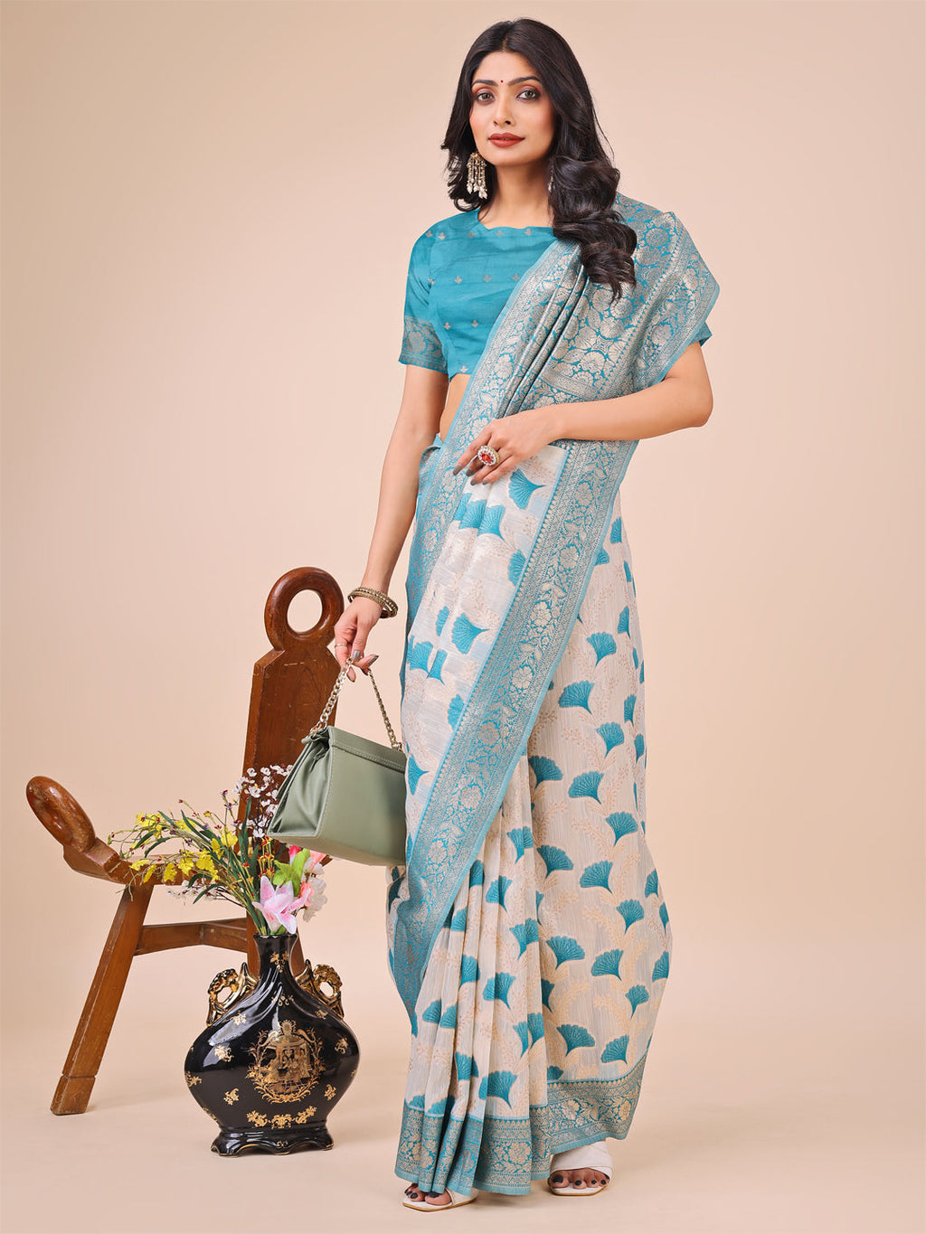 Off-White & Teal Linen Cotton Saree with Zari Woven Border