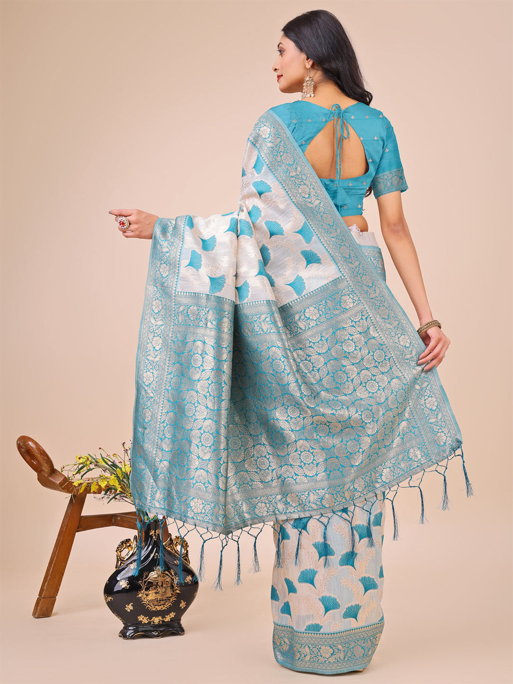 Off-White & Teal Linen Cotton Saree with Zari Woven Border