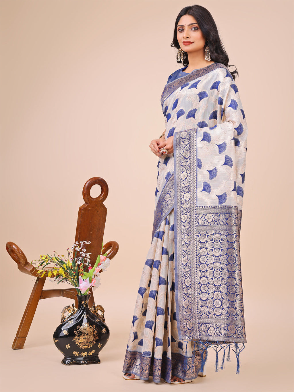 Off-White & Blue Linen Cotton Saree with Zari Woven Border