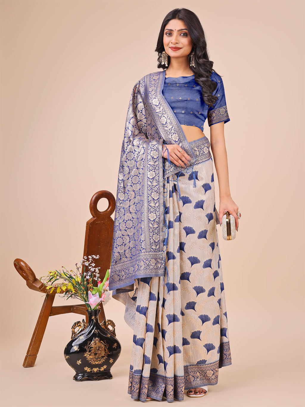 Off-White & Blue Linen Cotton Saree with Zari Woven Border