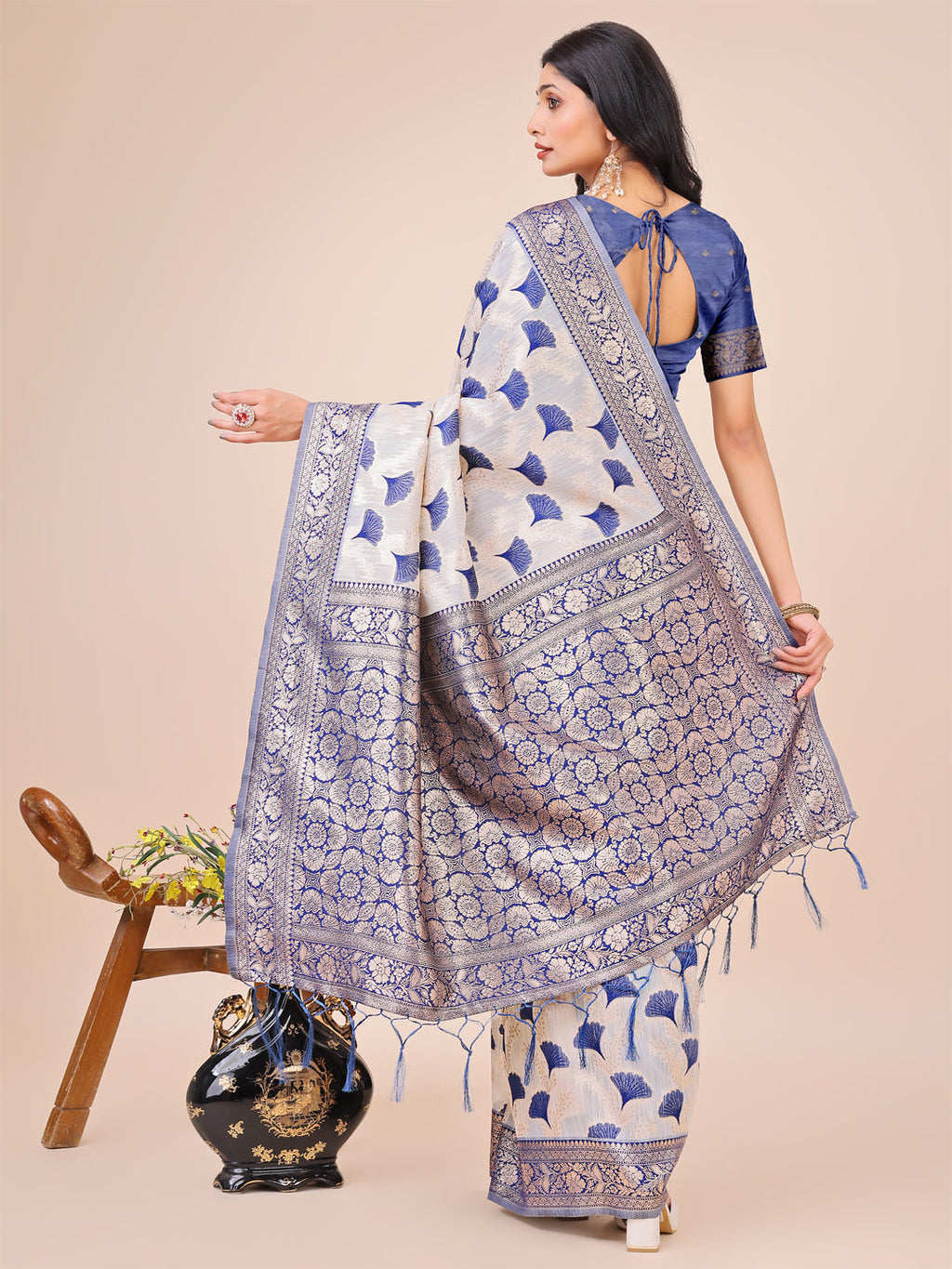 Off-White & Blue Linen Cotton Saree with Zari Woven Border