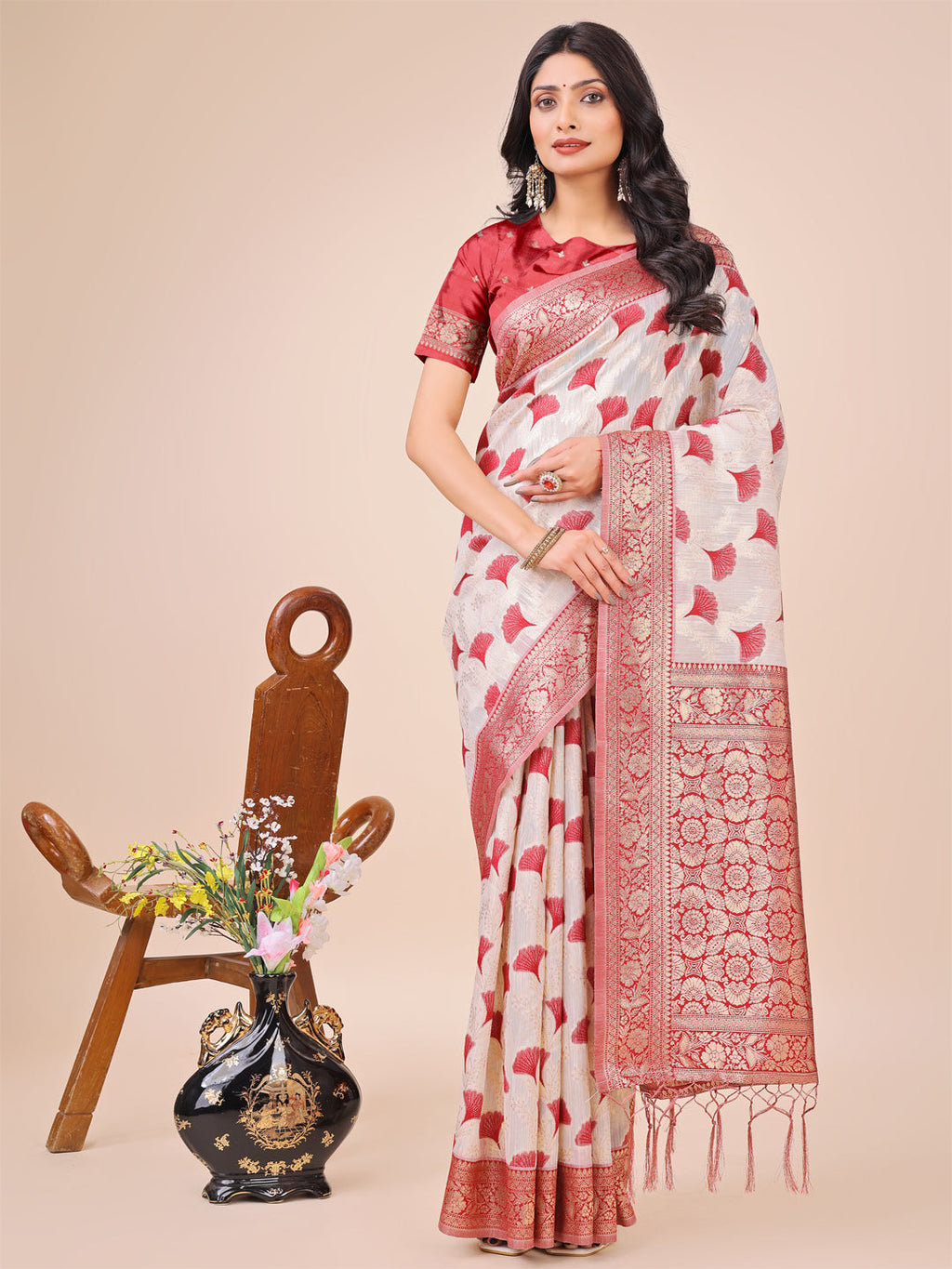 Off-White and Maroon linen cotton saree with Zari border and pallu
