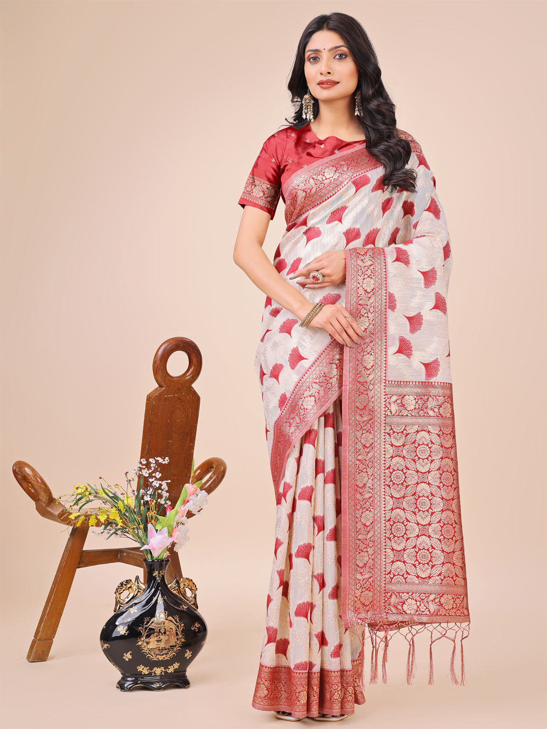 Off-White and Maroon linen cotton saree with Zari border and pallu