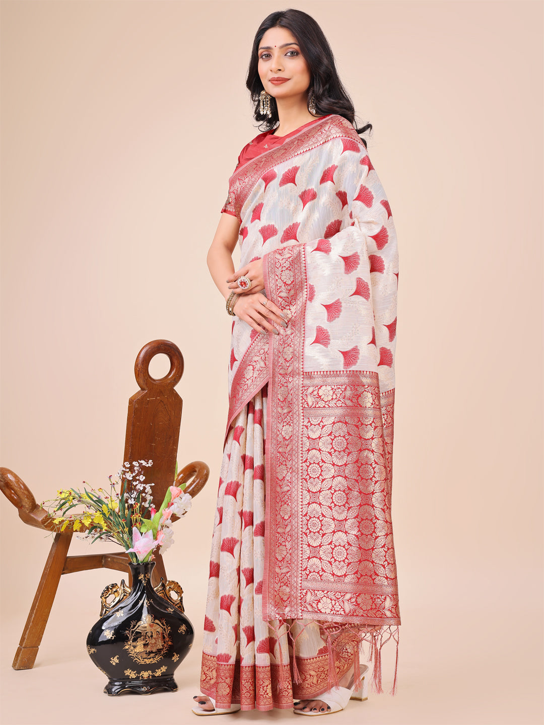 Off-White & Maroon Linen Cotton Saree with Zari Border