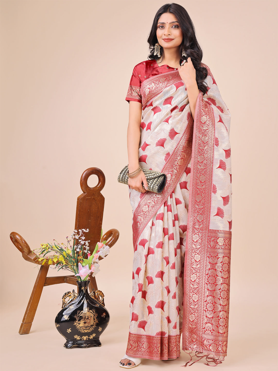 Off-White & Maroon Linen Cotton Saree with Zari Border