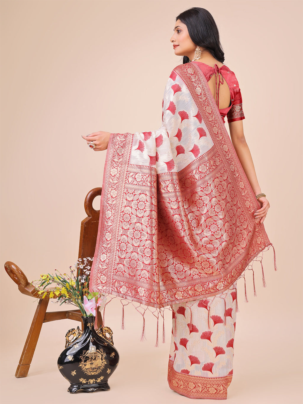 Off-White & Maroon Linen Cotton Saree with Zari Border